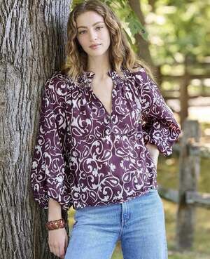 Figue Donna Top Plum White Ikat Cotton Smocked Ruffle Blouse XS Cotton Boho Chic